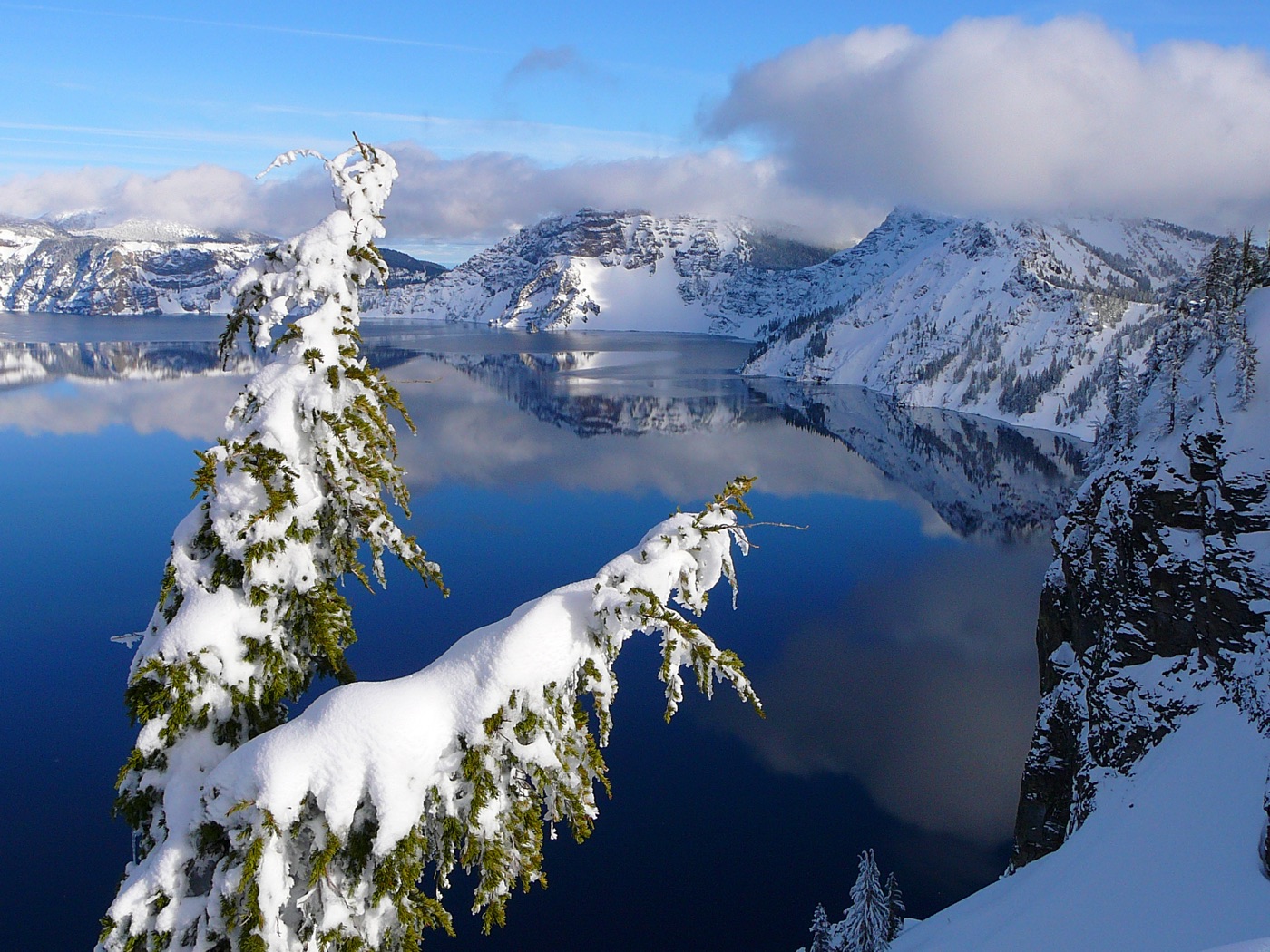 Crater Lake in winter: the deep blue caldera lake ringed by snow-covered rim cliffs, with Wizard Island rising from the water.