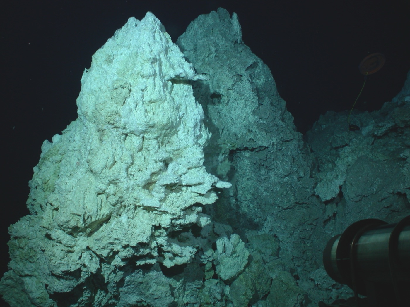 Ghostly white carbonate chimney towers of the Lost City hydrothermal vent field rising from the dark ocean floor.